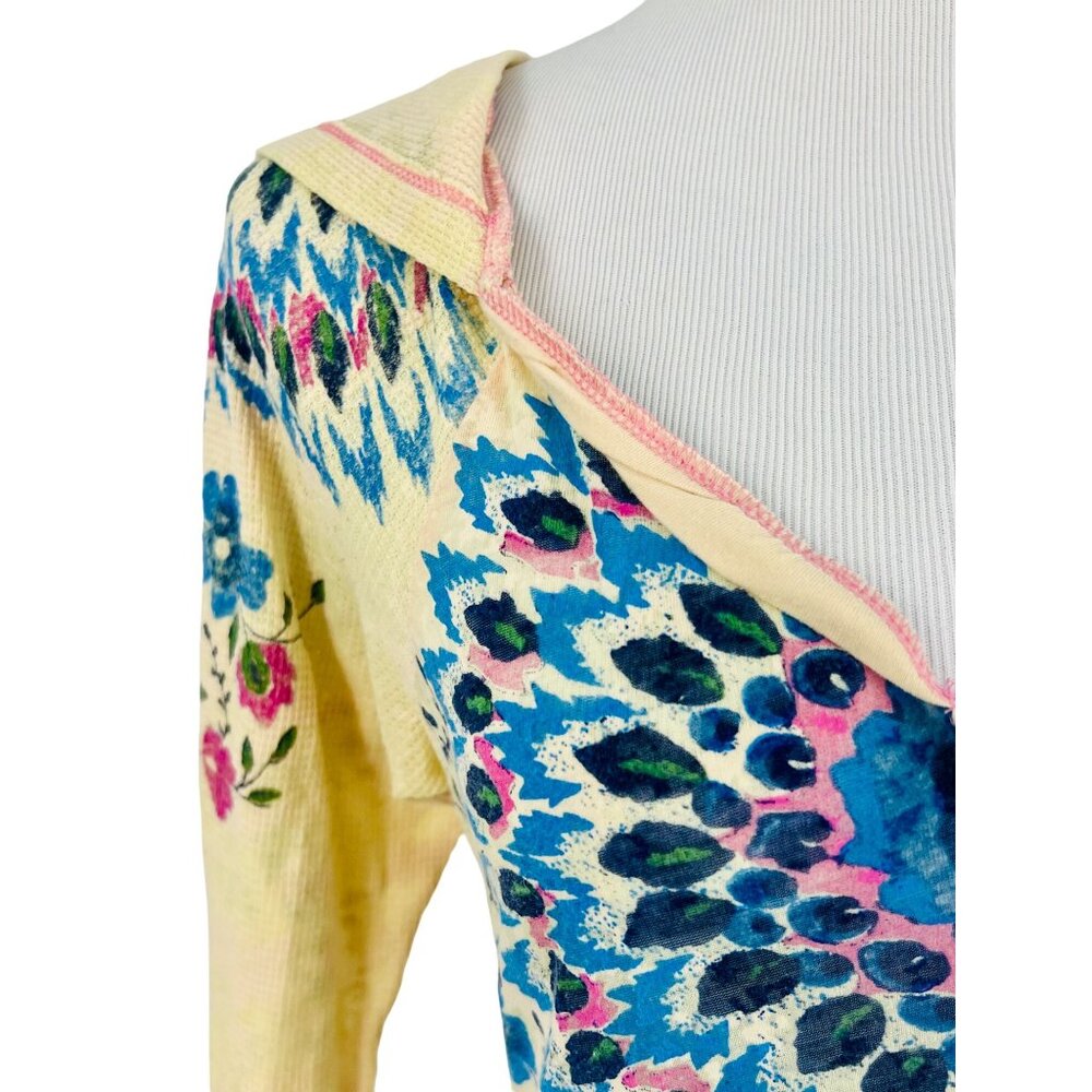 Vintage Free People Floral Boho Pullover Burnout Henley Hoodie Long Sleeve Top - Picture 3 of 16